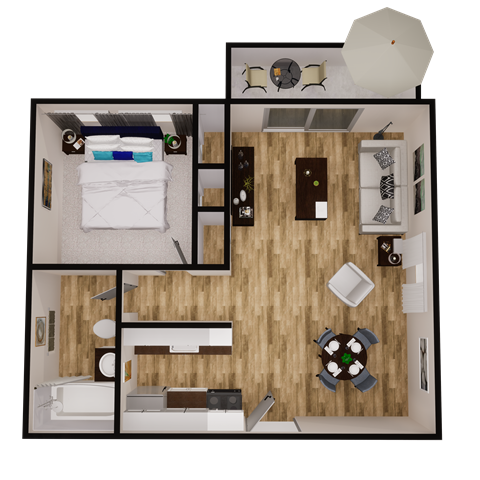 a rendering of our 1 bedroom floor plan